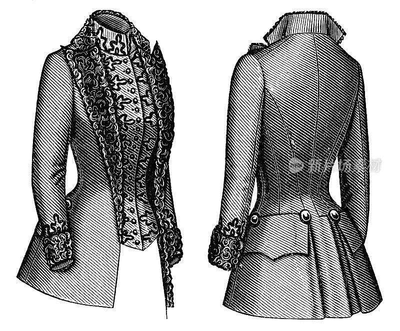 19世纪90年代维多利亚时代的时尚，女士们的浅褐色大衣与南方的翻领和袖口(前面和后面)- 19世纪